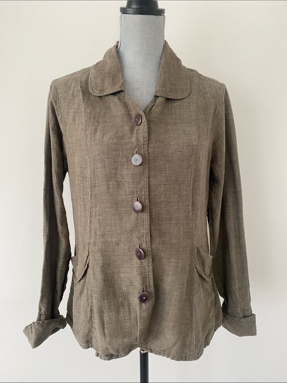 Flax Olive-Brown Button Front Linen Jacket Sz S